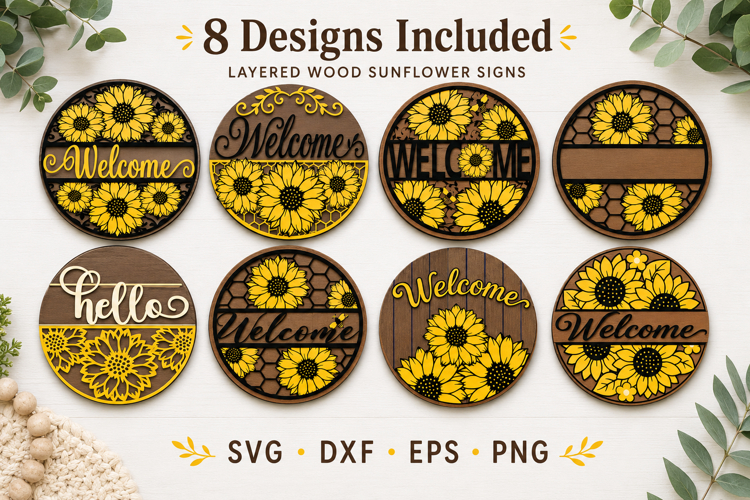Sunflower Door Hanger SVG | Laser Cut Round Porch Sign Bundl
