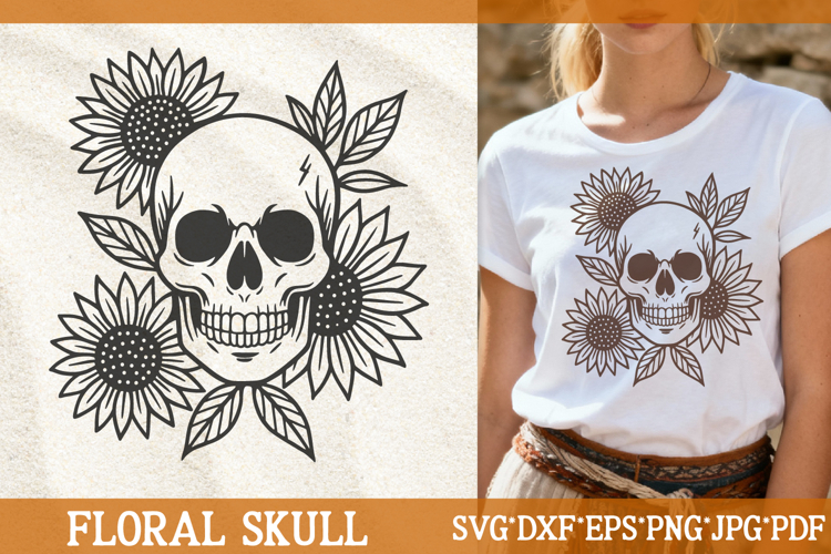 Floral Skull SVG | Sunflower Skeleton Boho Cut File