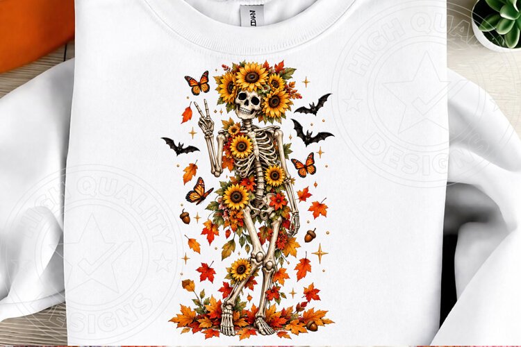 Sunflower Skeleton Spooky Fall Halloween Floral PNG example image 1