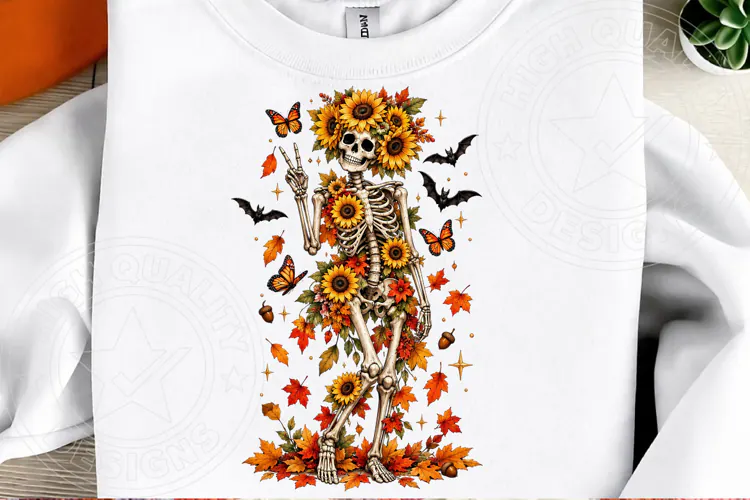 Sunflower Skeleton Spooky Fall Halloween Floral PNG
