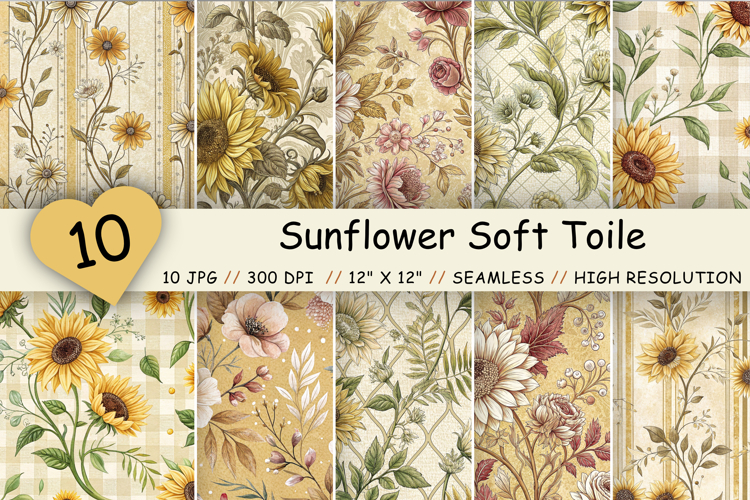 Sunflower Soft Toile Digital Paper Pack, Vintage Floral