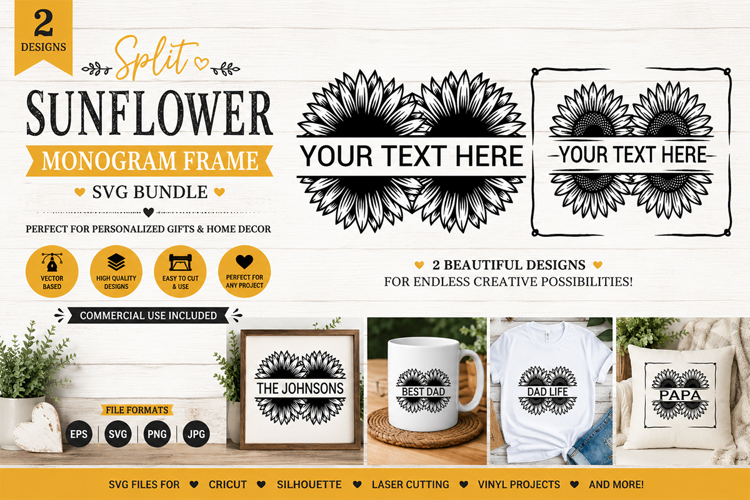 2 Sunflower Split Monogram Frame