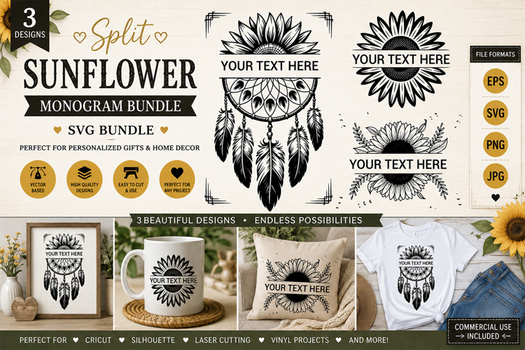 3 Sunflower Split Monogram Frame