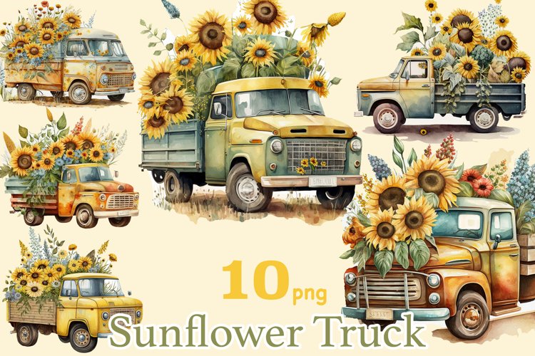Watercolor clipart retro floral trucks with sunflowers in the trunks. Yellow truck, green and yellow truck. Farmhouse truck with flowers in the trunk. Trucks side view, front view, back view.