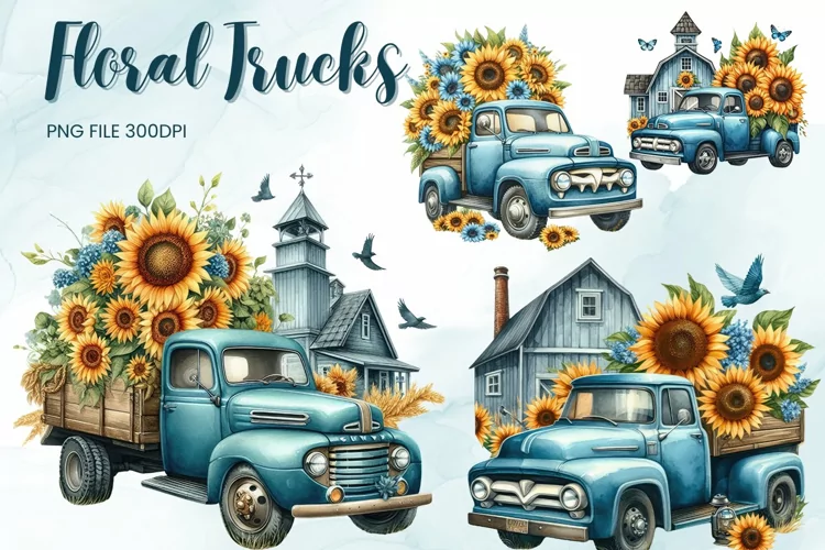 Sunflower Truck Watercolor Clipart Vintage Truck Watercolor