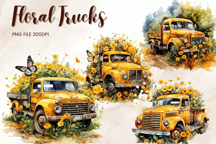 Sunflower Truck Watercolor Clipart Vintage Truck Watercolor