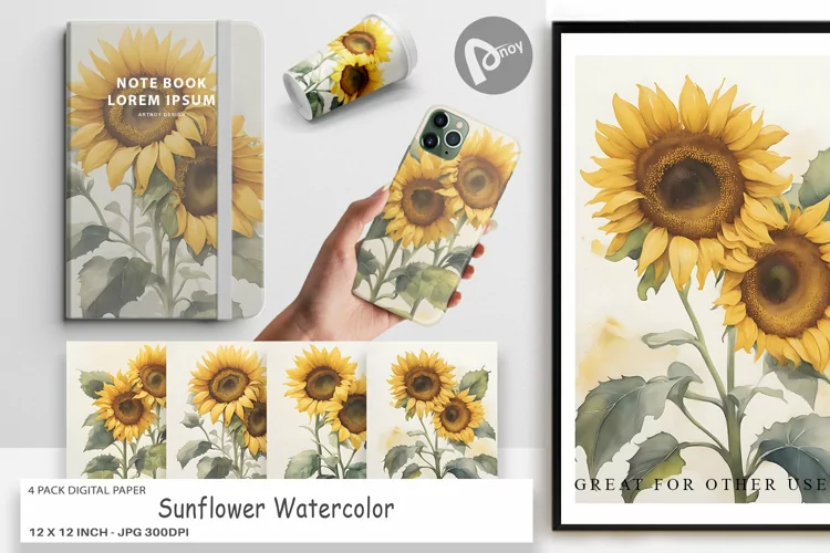 Digital Paper Sunflower Watercolor