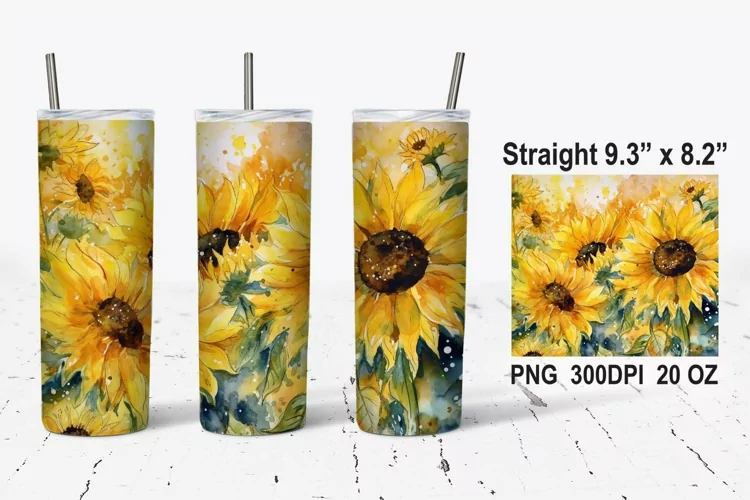 Sunflower Watercolor Tumbler Wrap, Sunflower Sublimation png