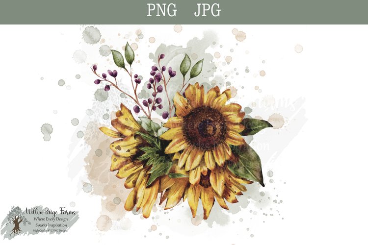 Sunflower With Berries Watercolor Digital Download JPG PNG