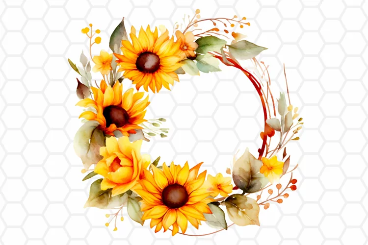 Sunflower Wreath Watercolor Cliparts, Sublimation PNG