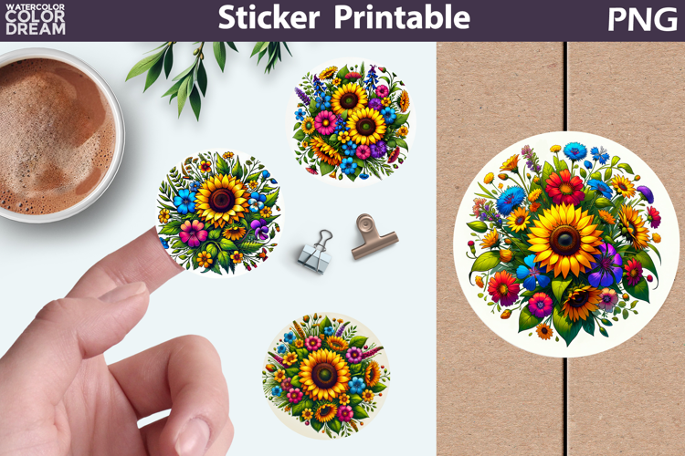 Sunflowers Sticker Printable | Floral Round Sticker