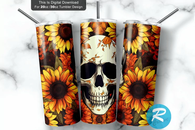 Sunflowers Skull 20oz/30oz Skinny Tumble