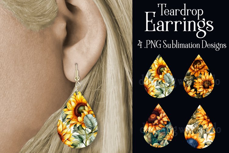 Sunflower Earrings, Floral Teardrop Earrings, Sublimation, 3
