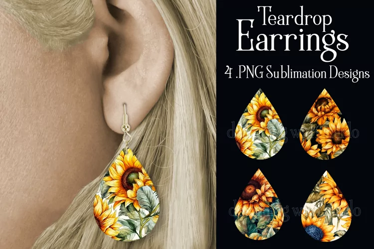 Sunflower Earrings, Floral Teardrop Earrings, Sublimation, 3