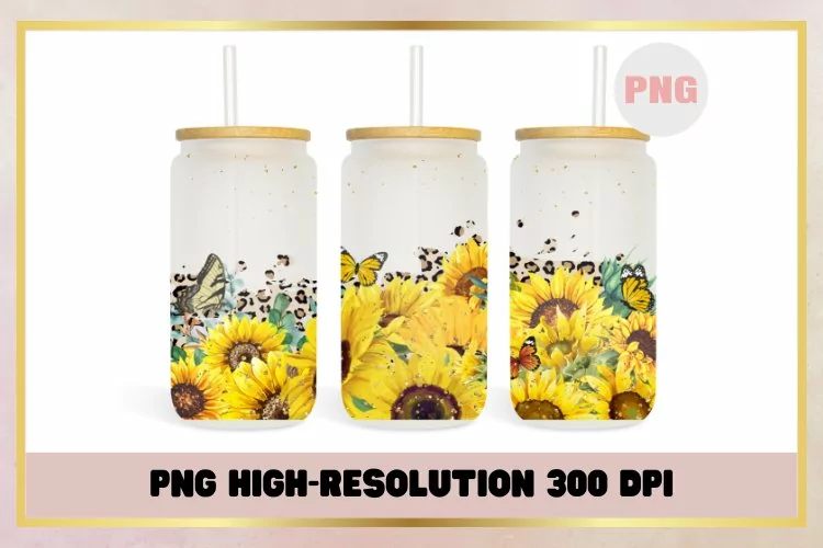 Sunflowers Watercolor 16oz can glass Libbey wrap sublimation