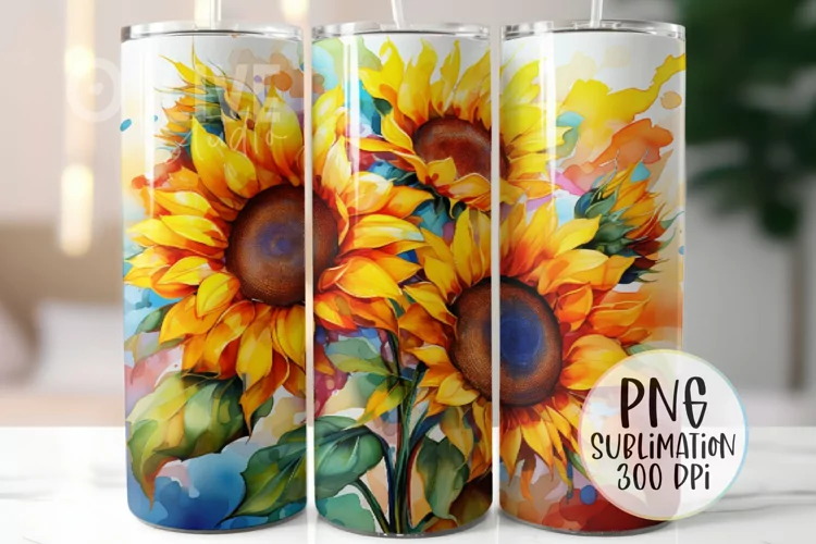 Sunflowers Watercolor 20oz Tumbler Wrap PNG