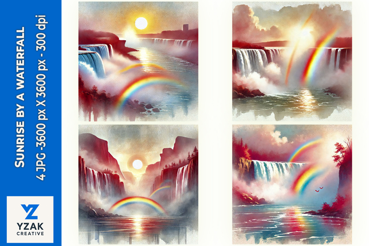 Sunrise by a waterfall - Digital Illustrations