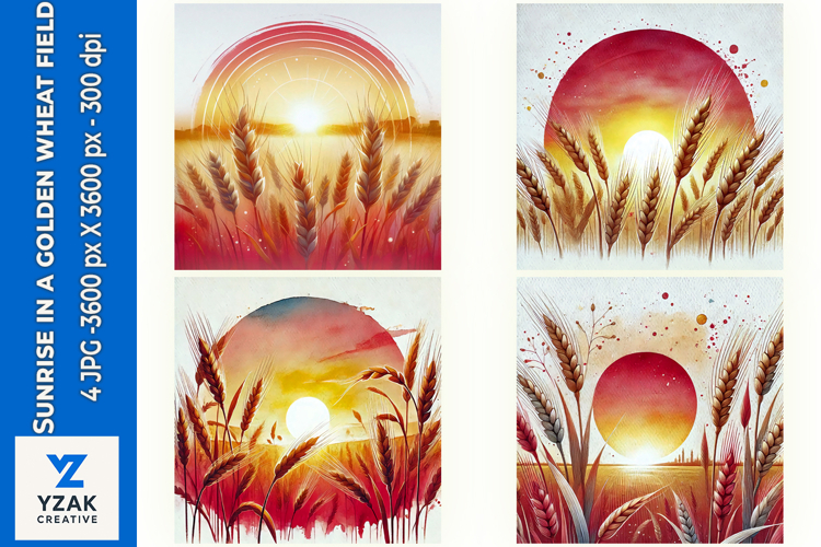 Sunrise in a golden wheat field - Digital Illustrations
