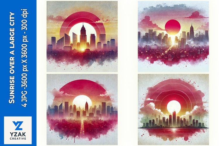 Sunrise over a large city - Digital Illustrations