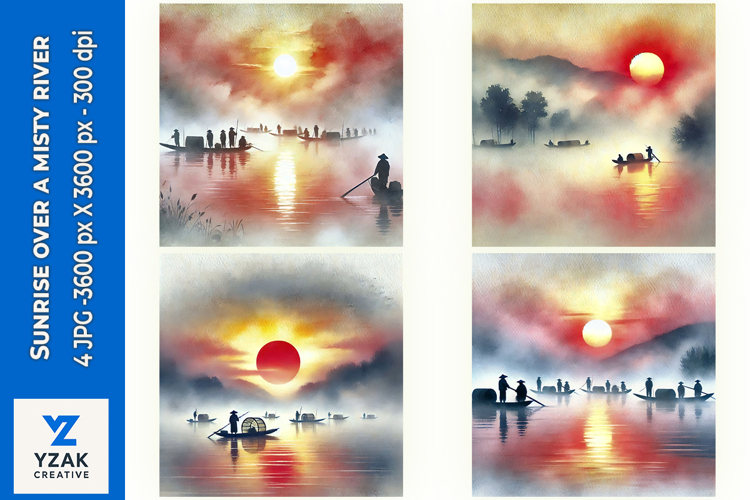 Sunrise over a misty river - Digital Illustrations
