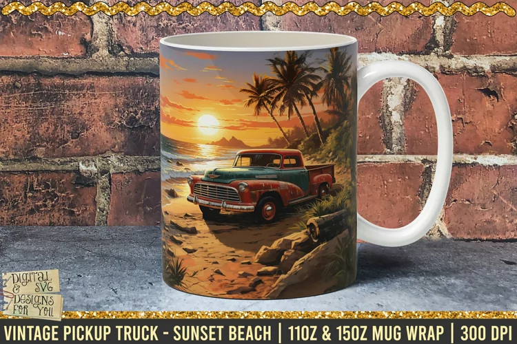 Vintage Pickup Truck - Sunset Beach Mug Wrap | 300 dpi SPNG