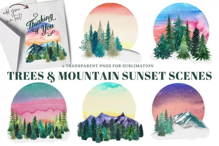 Sunset Scenes Mountain & Trees Watercolor Sublimation