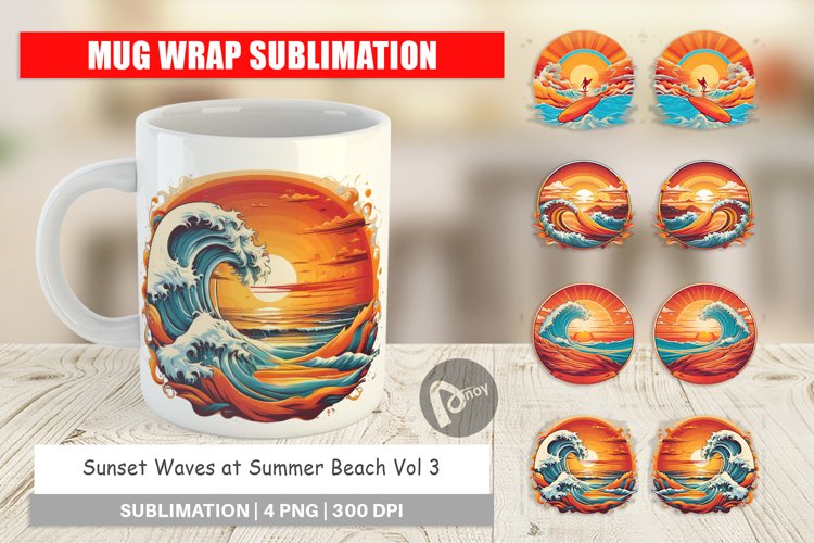 Mug Wrap Design Sunset Waves Beach