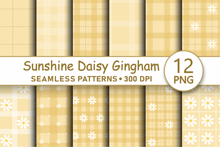 Sunshine yellow daisy gingham seamless pattern png bundle