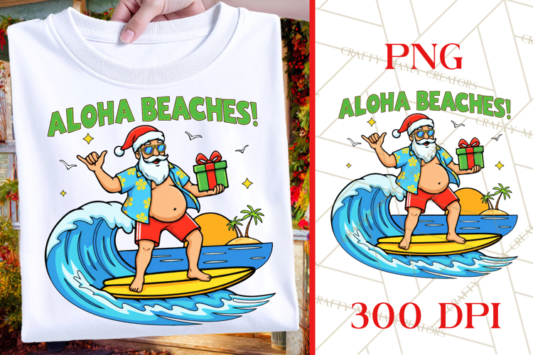 Surfing Santa | Aloha Beaches | Beach Christmas PNG