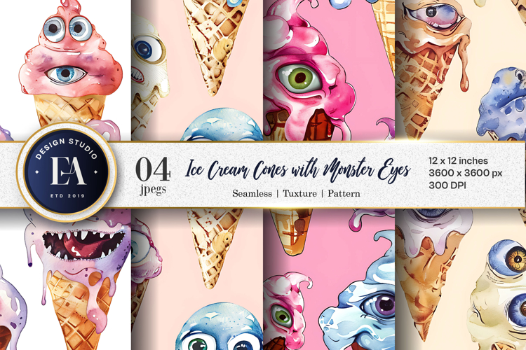 Surreal Ice Cream Cones with Monster Eyes Digital Papers example image 1