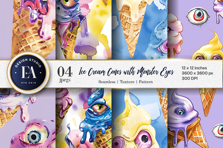 Surreal Ice Cream Cones with Monster Eyes Digital Papers