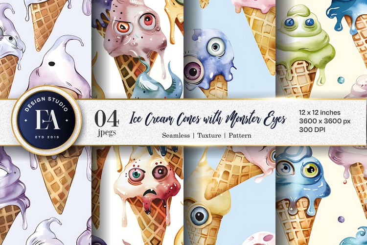 Surreal Ice Cream Cones with Monster Eyes Digital Papers