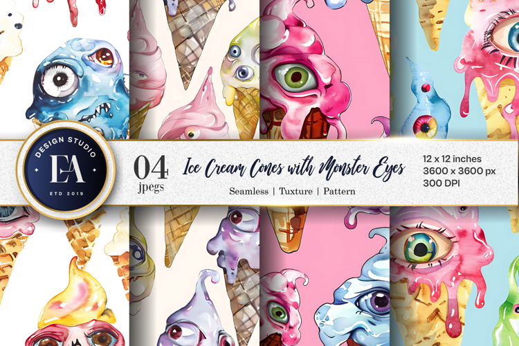 Surreal Ice Cream Cones with Monster Eyes Digital Papers