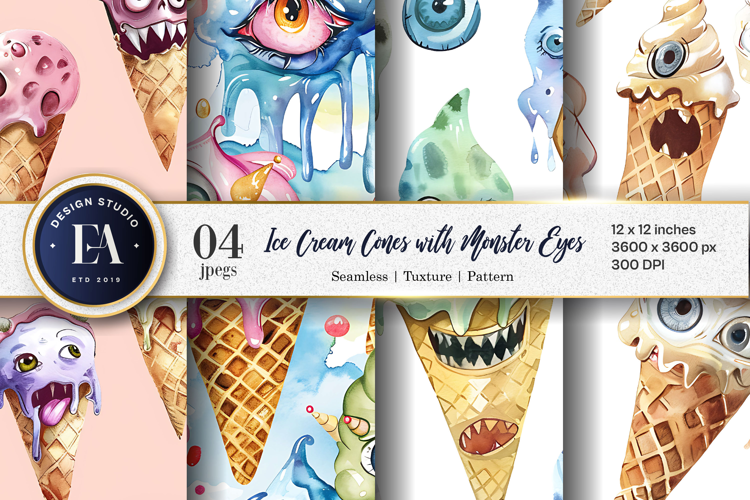 Surreal Ice Cream Cones with Monster Eyes Digital Papers