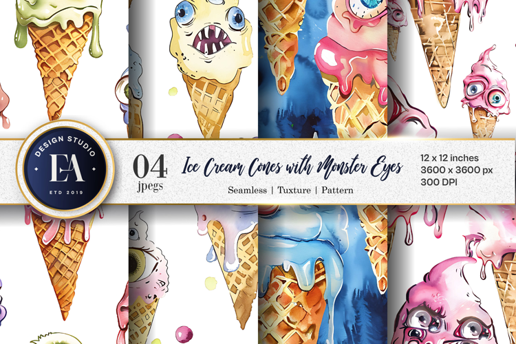 Surreal Ice Cream Cones with Monster Eyes Digital Papers
