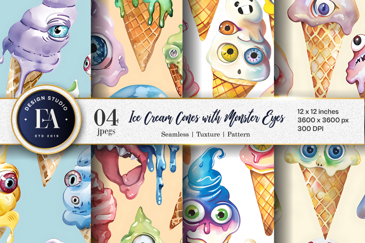 Surreal Ice Cream Cones with Monster Eyes Digital Papers