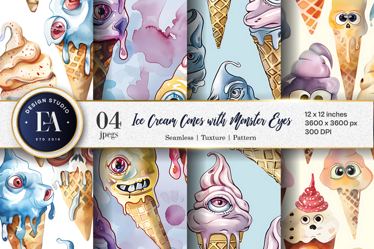 Surreal Ice Cream Cones with Monster Eyes Digital Papers