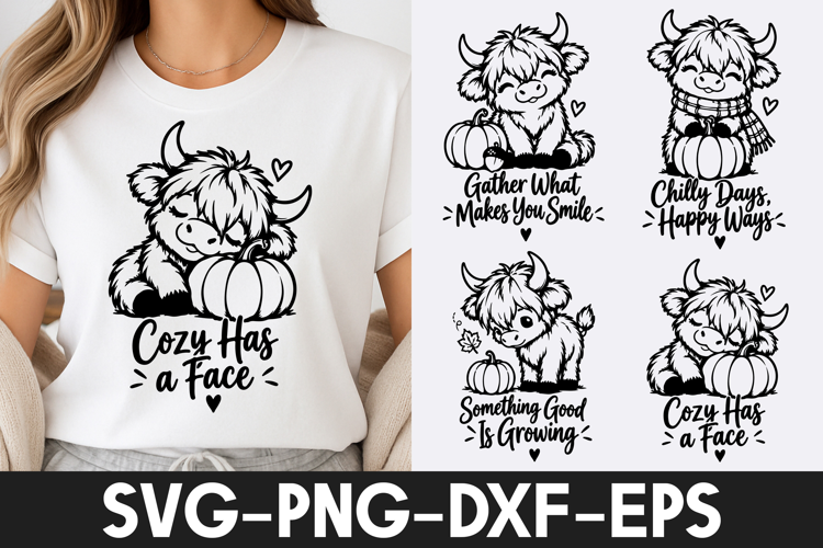 Cute Highland Cow Cozy Fall Pumpkin Quotes SVG PNG