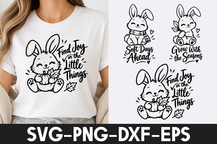 Cute Autumn Bunny Pumpkin Joy Quotes SVG PNG example image 1