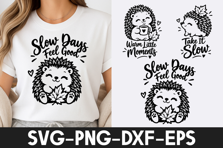 Cute Hedgehog Autumn Cozy Slow Days Quotes SVG PNG