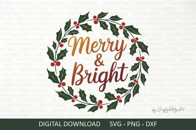 Merry and Bright, Holly wreath, Round door sign sublimation