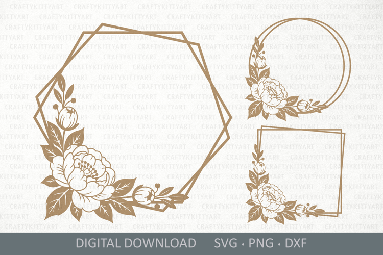 Peony flowers monogram frame SVG, Filigree floral wreath SVG