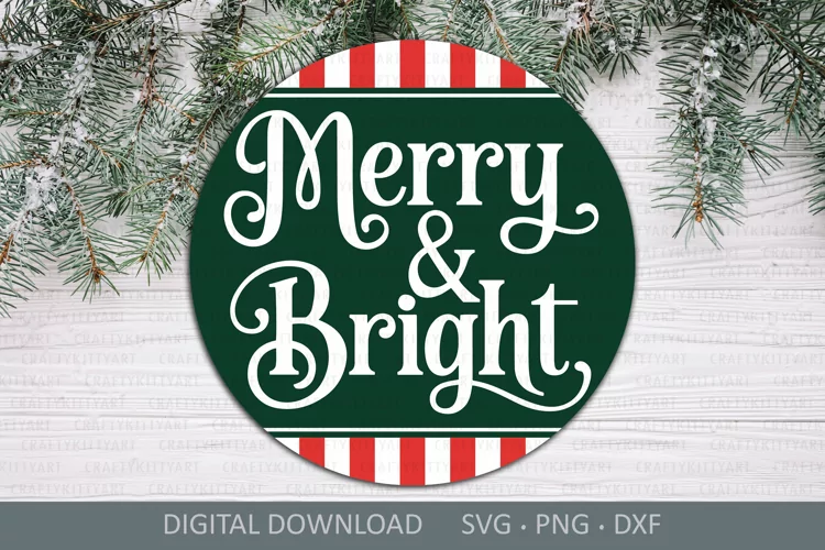 Merry and Bright SVG sign, Christmas round door hanger SVG