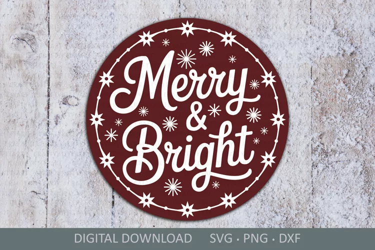 Merry and Bright SVG sign, Christmas round door hanger SVG