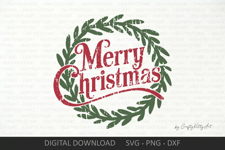 Distressed Merry Christmas SVG, Retro vintage wreath clipart