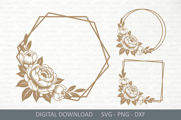 Peony flowers monogram frame SVG, Filigree floral wreath SVG