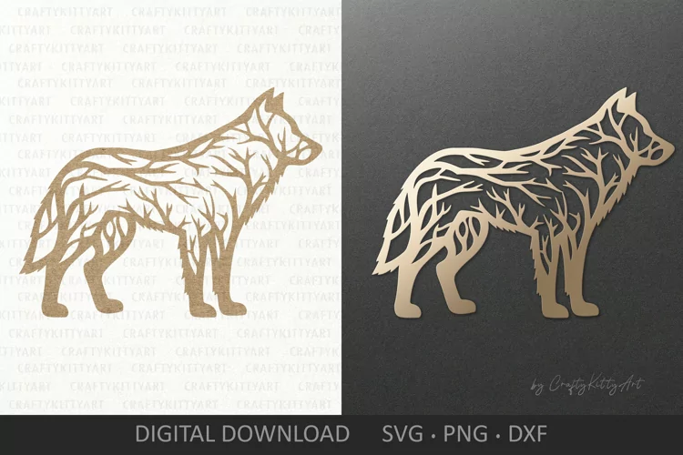 Wolf SVG forest tree silhouette. Wolf SVG laser cut wall art