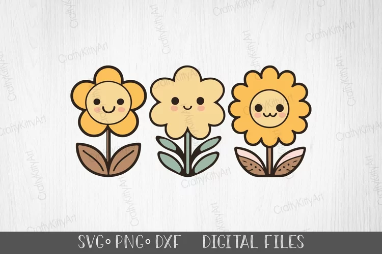 Cute Kawaii Sunflower SVG, Smiling Flowers Cartoon Clipart
