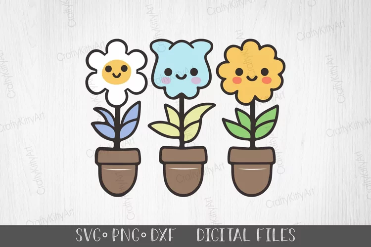 Cute Kawaii Flowers SVG, Smiling Flowers Cartoon Clipart