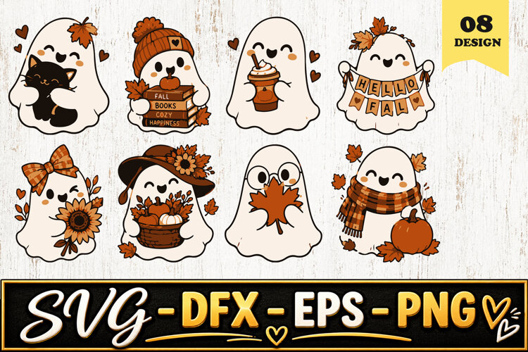 Kawaii Autumn Ghosts SVG PNG example image 1
